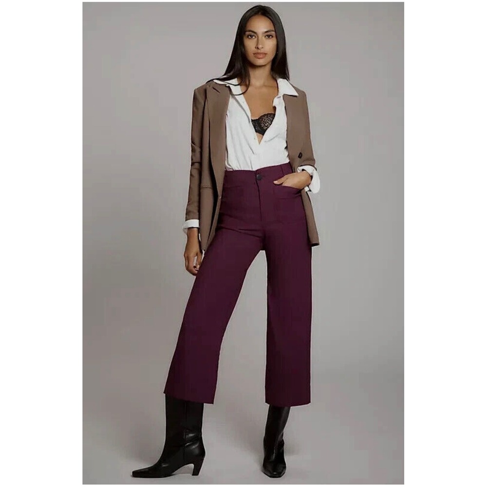 Maeve Anthropologie The Colette Wide Leg Pants Linen Blend Dark Plum Maroon 26